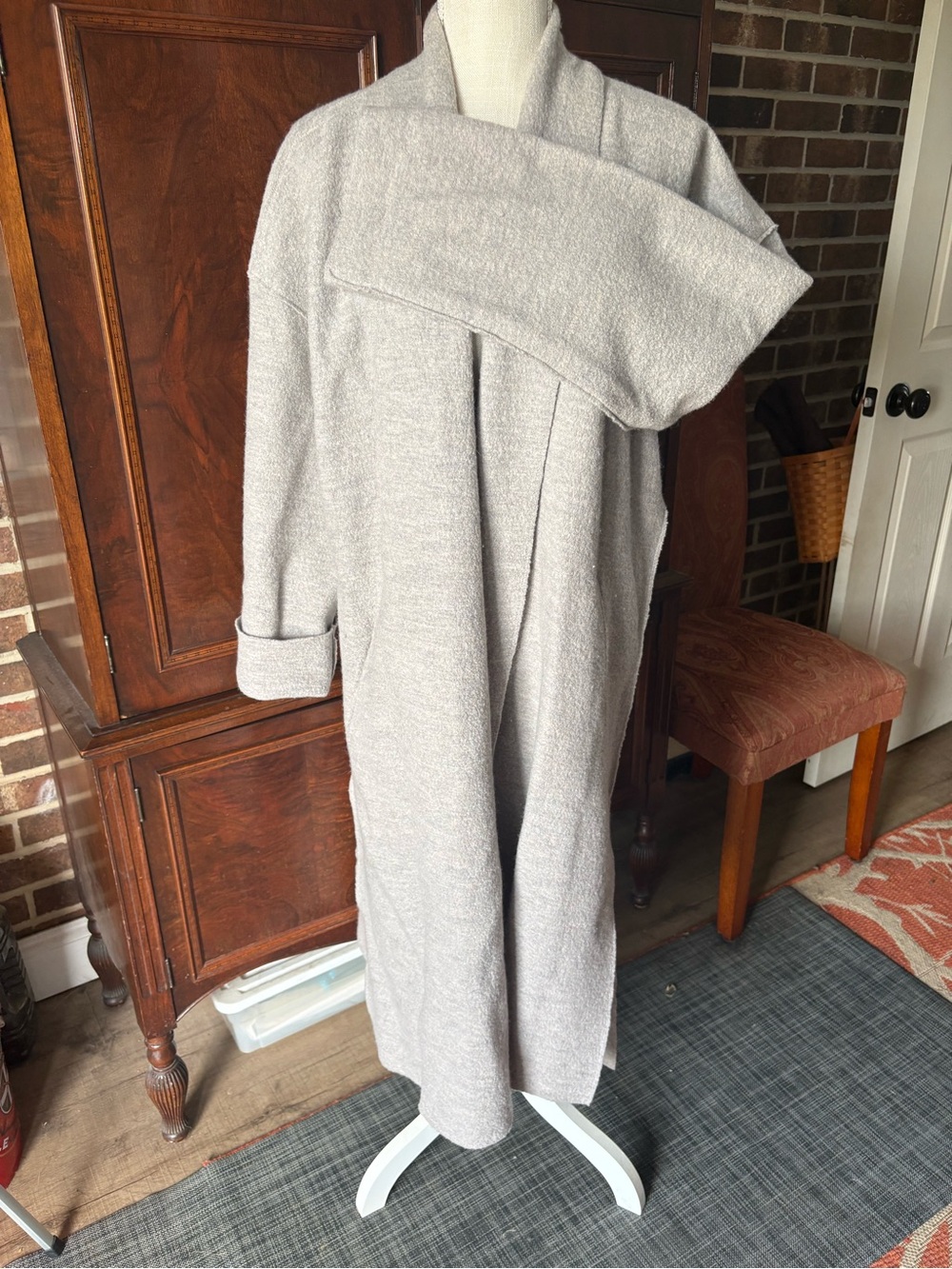 Women's Dove Gray Long Open Front Wrap Coat with Shawl Collar
